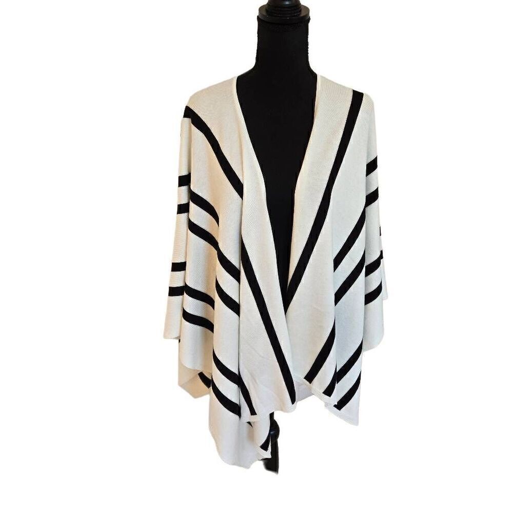 Talbots Womens Striped Open Front Ruana Wrap Poncho Cardigan Black & White OS